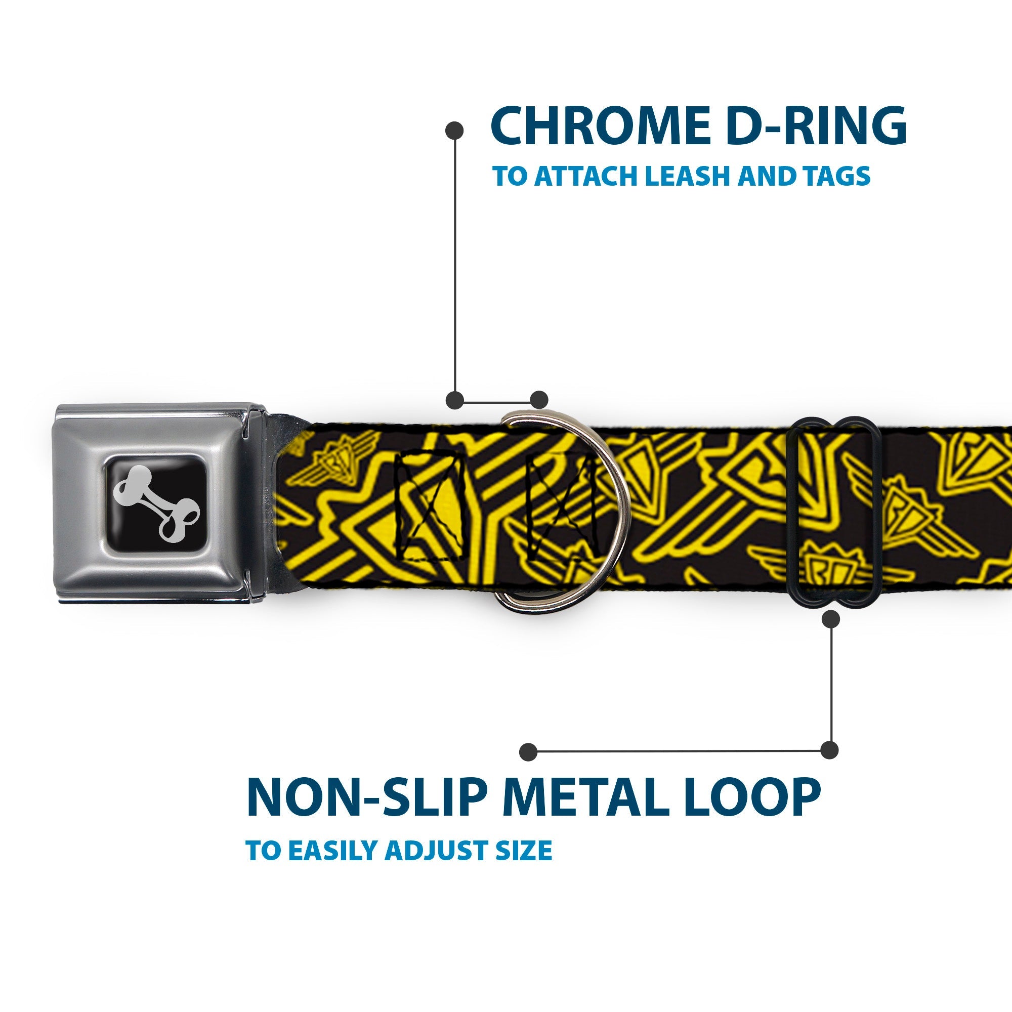 Dog Bone Seatbelt Buckle Collar - BD Logo Scattered Black/Yellow