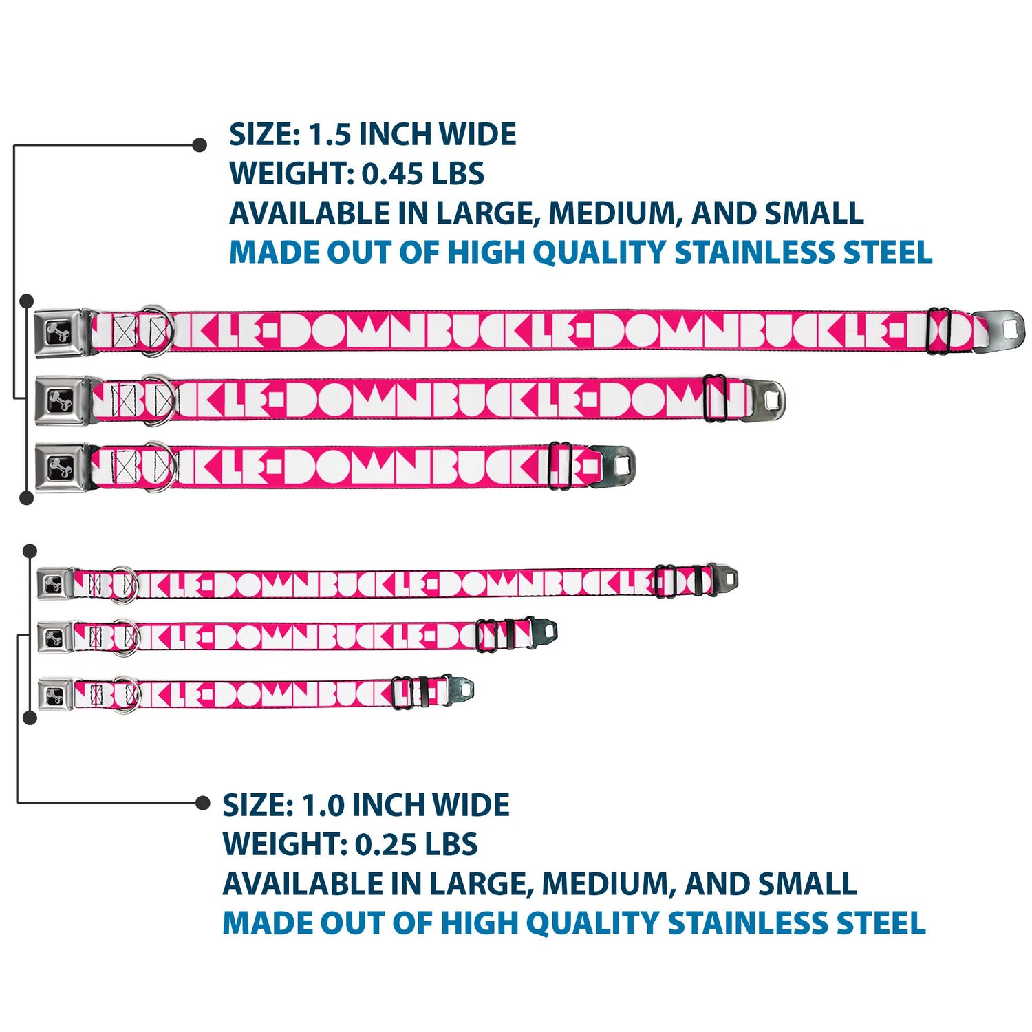 Dog Bone Seatbelt Buckle Collar - BUCKLE-DOWN Shapes Hot Pink/White