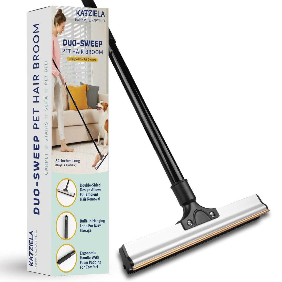 Katziela DuoSweep Broom – Dual-Sided Pet Hair Remover with Metal &amp; Rubber Blade