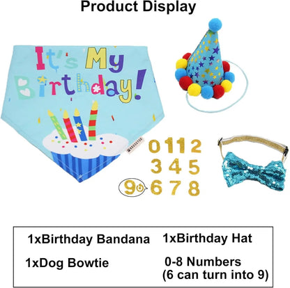Dog Birthday Bandana, Party Hat &amp; Bow Tie Set for Small- Large Dogs