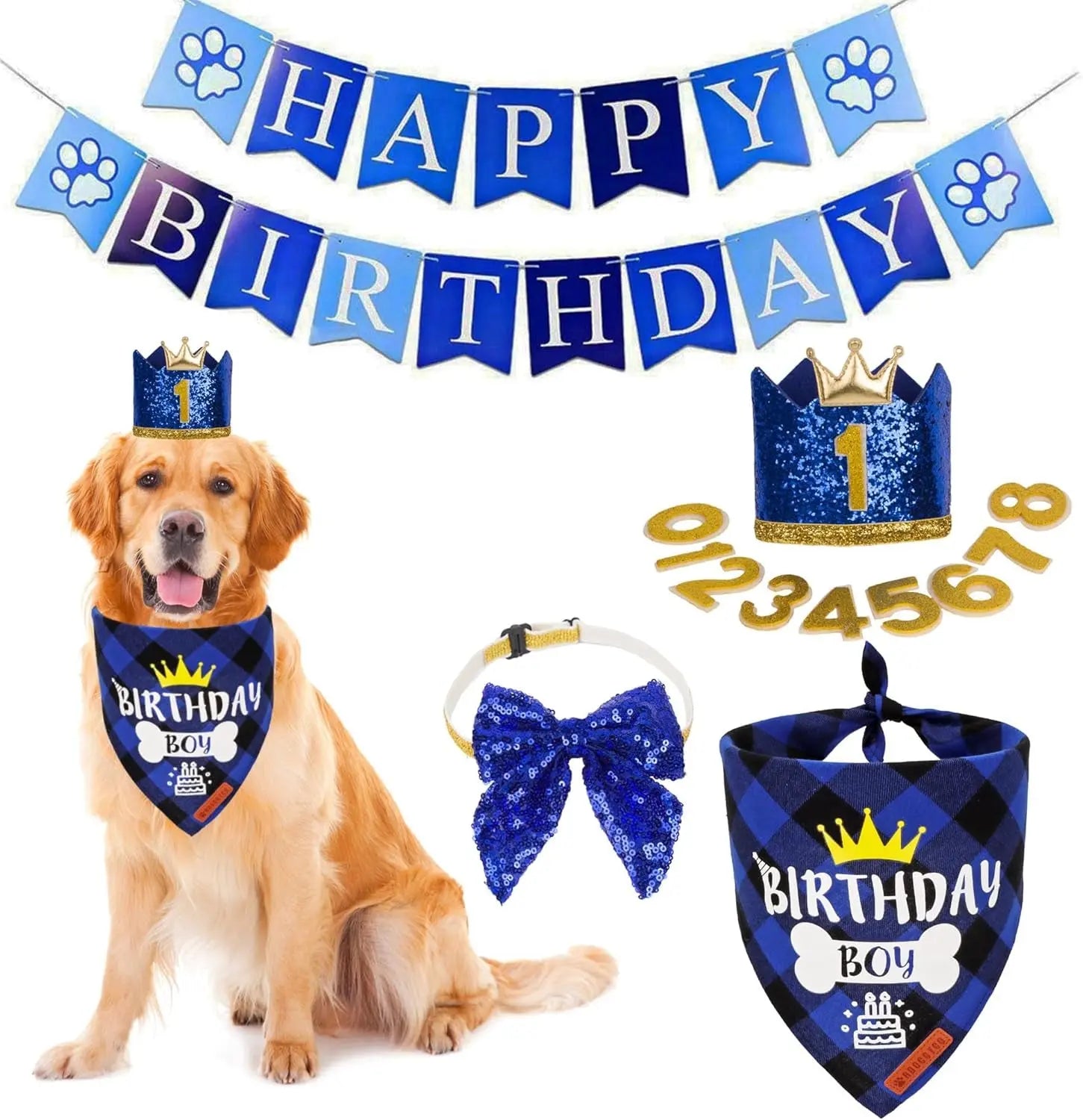 Dog Birthday Bandana, Party Hat &amp; Bow Tie Set for Small- Large Dogs