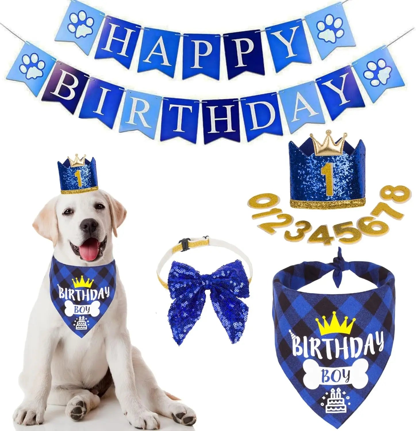 Dog Birthday Bandana, Party Hat &amp; Bow Tie Set for Small- Large Dogs