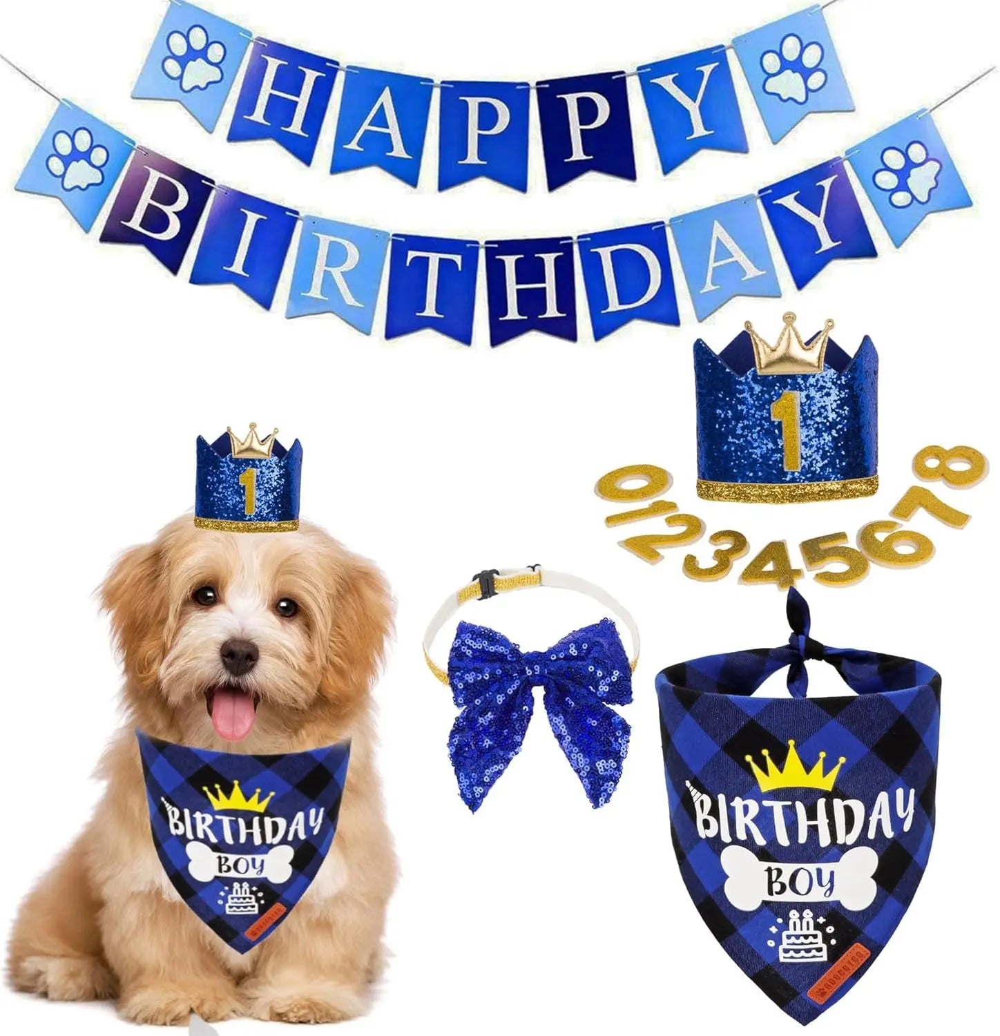 Dog Birthday Bandana, Party Hat &amp; Bow Tie Set for Small- Large Dogs