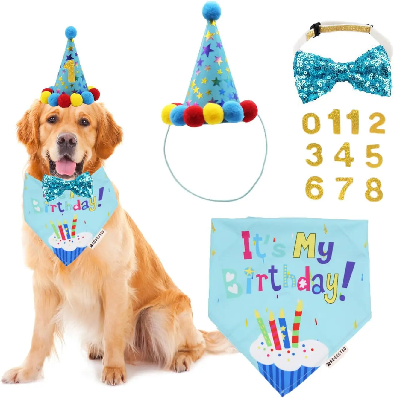 Dog Birthday Bandana, Party Hat &amp; Bow Tie Set for Small- Large Dogs