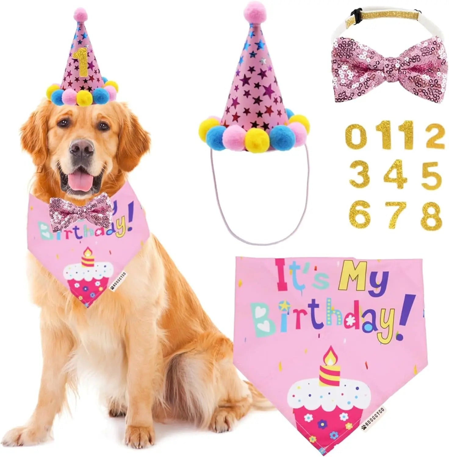 Dog Birthday Bandana, Party Hat &amp; Bow Tie Set for Small- Large Dogs