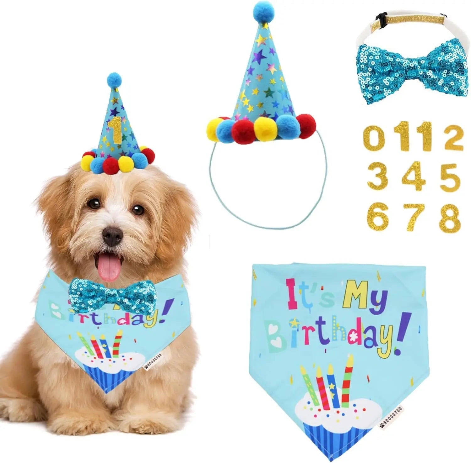 Dog Birthday Bandana, Party Hat &amp; Bow Tie Set for Small- Large Dogs