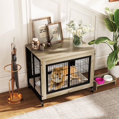 Industrial Dog Kennel with Flip-up Top 3 Lockable Doors and Removable Tray-Gray