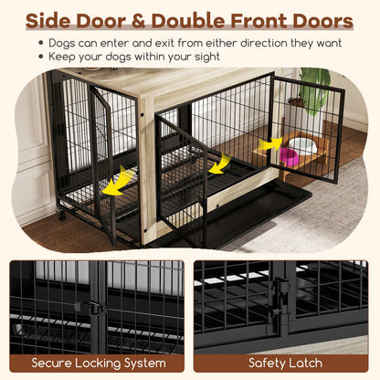 Industrial Dog Kennel with Flip-up Top 3 Lockable Doors and Removable Tray-Gray