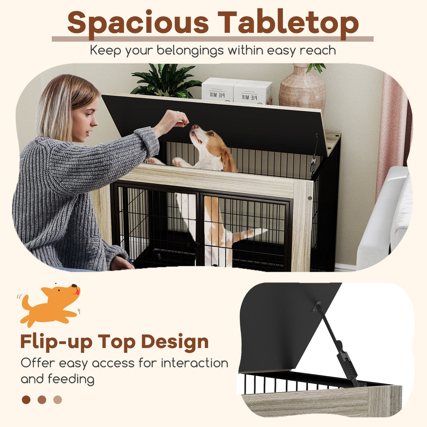 Industrial Dog Kennel with Flip-up Top 3 Lockable Doors and Removable Tray-Gray