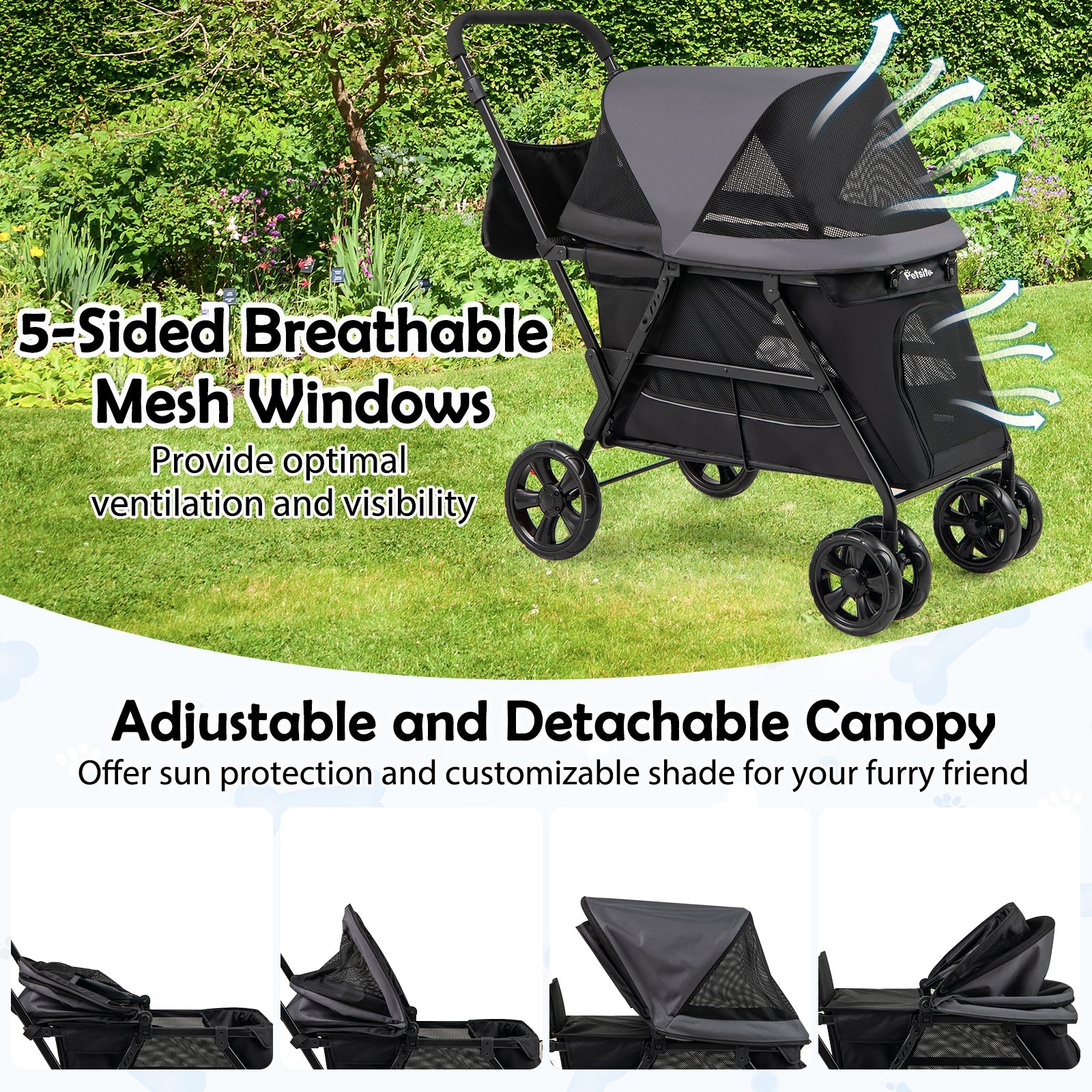 Dog Stroller for Medium Small Senior Elderly Dogs with Dual Entry-Black
