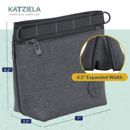 Katziela Expandable Pet Treat Pouch - Hands Free Dog Treat Pouch, Quick Access Magnet Closure - Anti Spill Dog Treat Bag - Treat Pouches for Pet Training, Adjustable Shoulder Strap &amp; Belt Clip