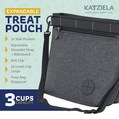 Katziela Expandable Pet Treat Pouch - Hands Free Dog Treat Pouch, Quick Access Magnet Closure - Anti Spill Dog Treat Bag - Treat Pouches for Pet Training, Adjustable Shoulder Strap &amp; Belt Clip