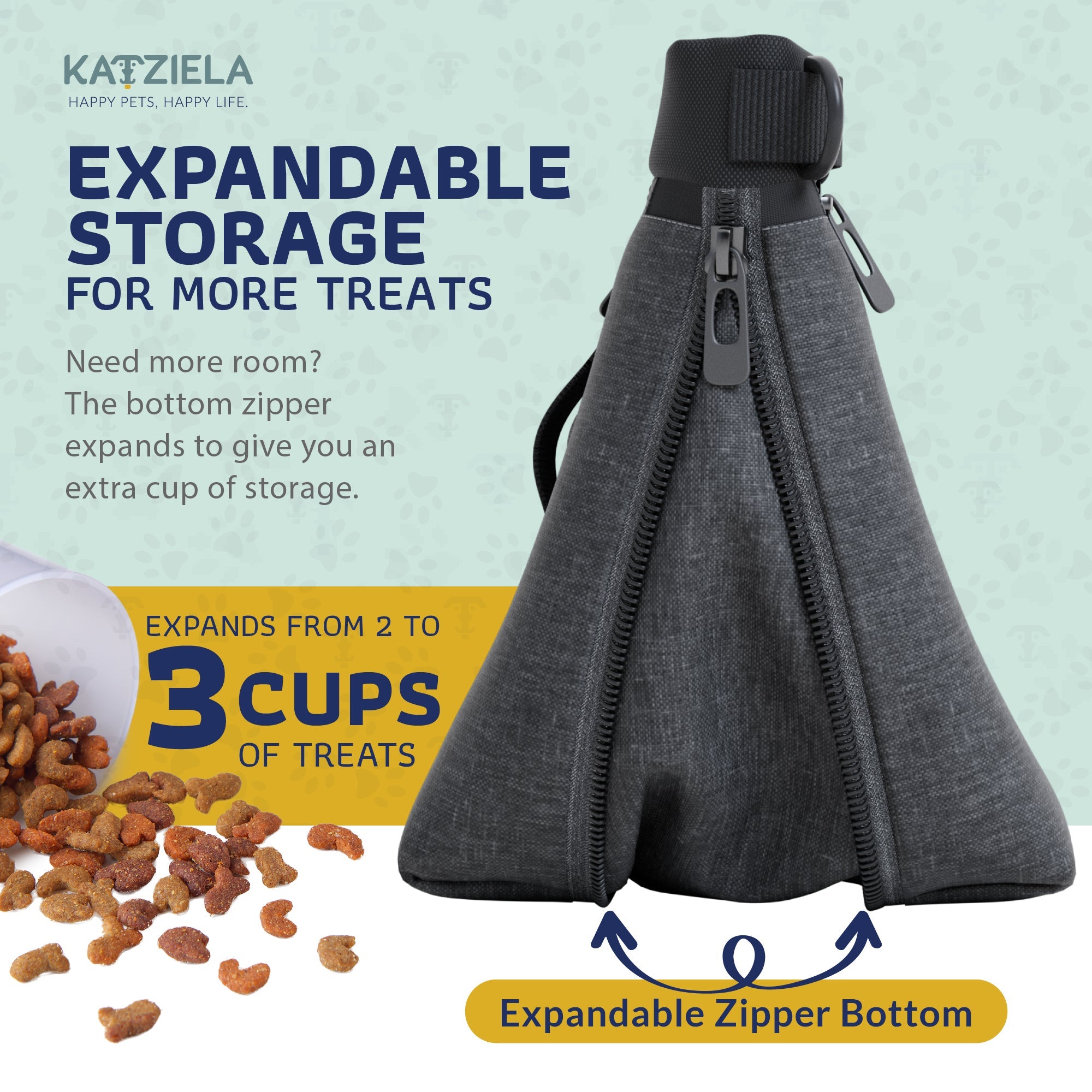 Katziela Expandable Pet Treat Pouch - Hands Free Dog Treat Pouch, Quick Access Magnet Closure - Anti Spill Dog Treat Bag - Treat Pouches for Pet Training, Adjustable Shoulder Strap &amp; Belt Clip