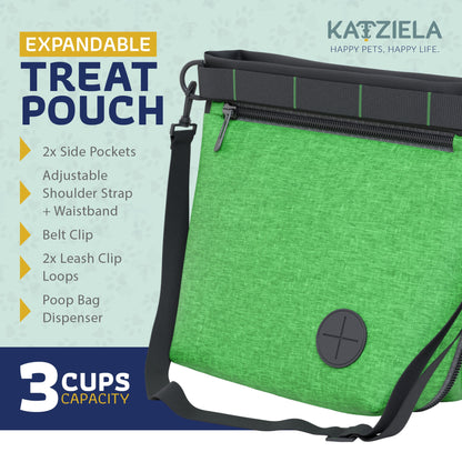 Katziela Expandable Pet Treat Pouch - Hands Free Dog Treat Pouch, Quick Access Magnet Closure - Anti Spill Dog Treat Bag - Treat Pouches for Pet Training, Adjustable Shoulder Strap &amp; Belt Clip
