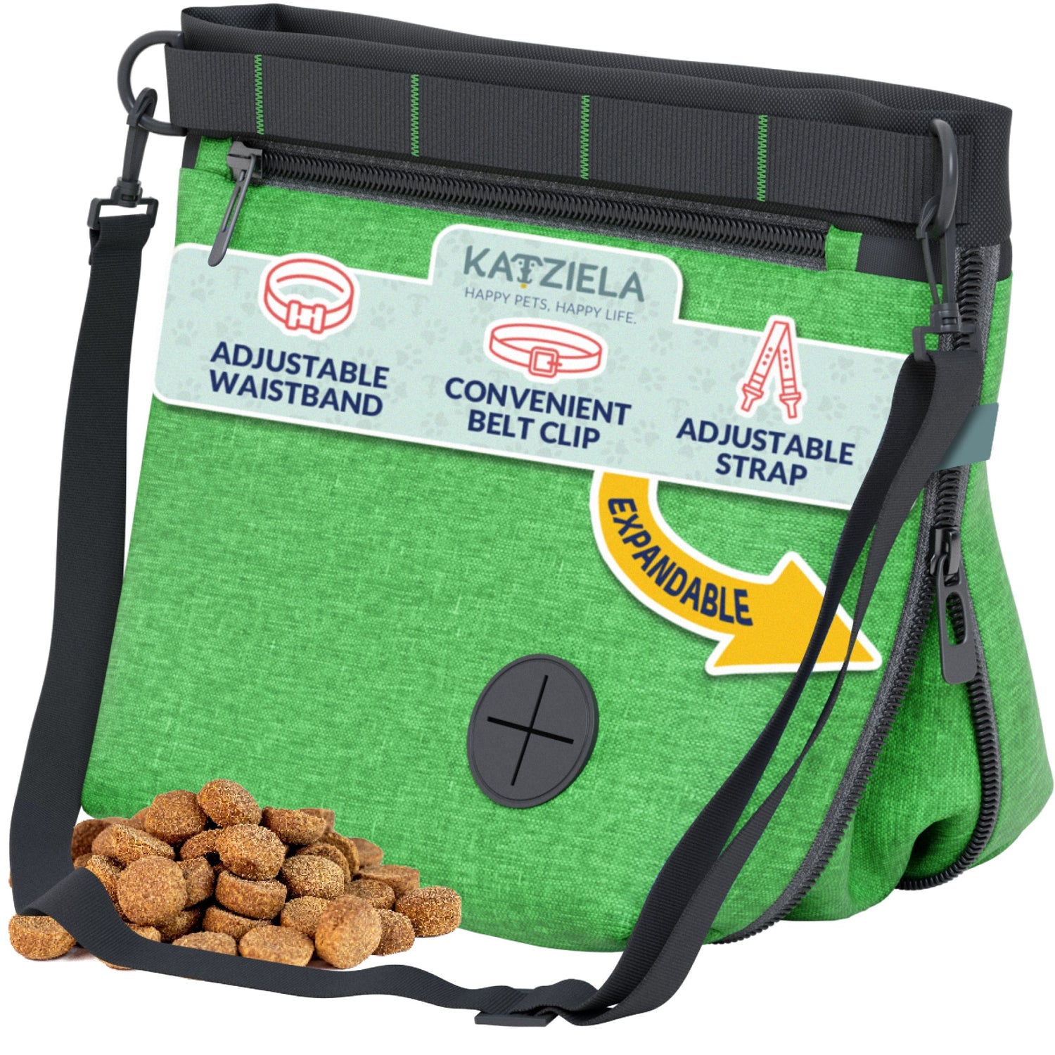 Katziela Expandable Pet Treat Pouch - Hands Free Dog Treat Pouch, Quick Access Magnet Closure - Anti Spill Dog Treat Bag - Treat Pouches for Pet Training, Adjustable Shoulder Strap &amp; Belt Clip