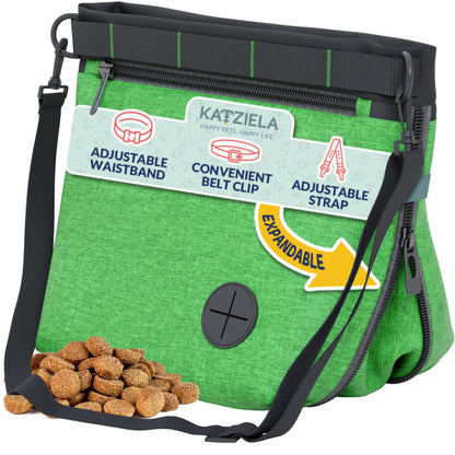 Katziela Expandable Pet Treat Pouch - Hands Free Dog Treat Pouch, Quick Access Magnet Closure - Anti Spill Dog Treat Bag - Treat Pouches for Pet Training, Adjustable Shoulder Strap &amp; Belt Clip