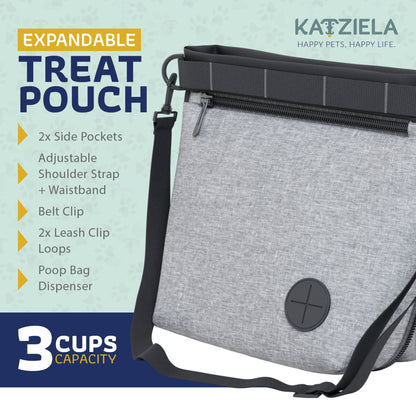 Katziela Expandable Pet Treat Pouch - Hands Free Dog Treat Pouch, Quick Access Magnet Closure - Anti Spill Dog Treat Bag - Treat Pouches for Pet Training, Adjustable Shoulder Strap &amp; Belt Clip