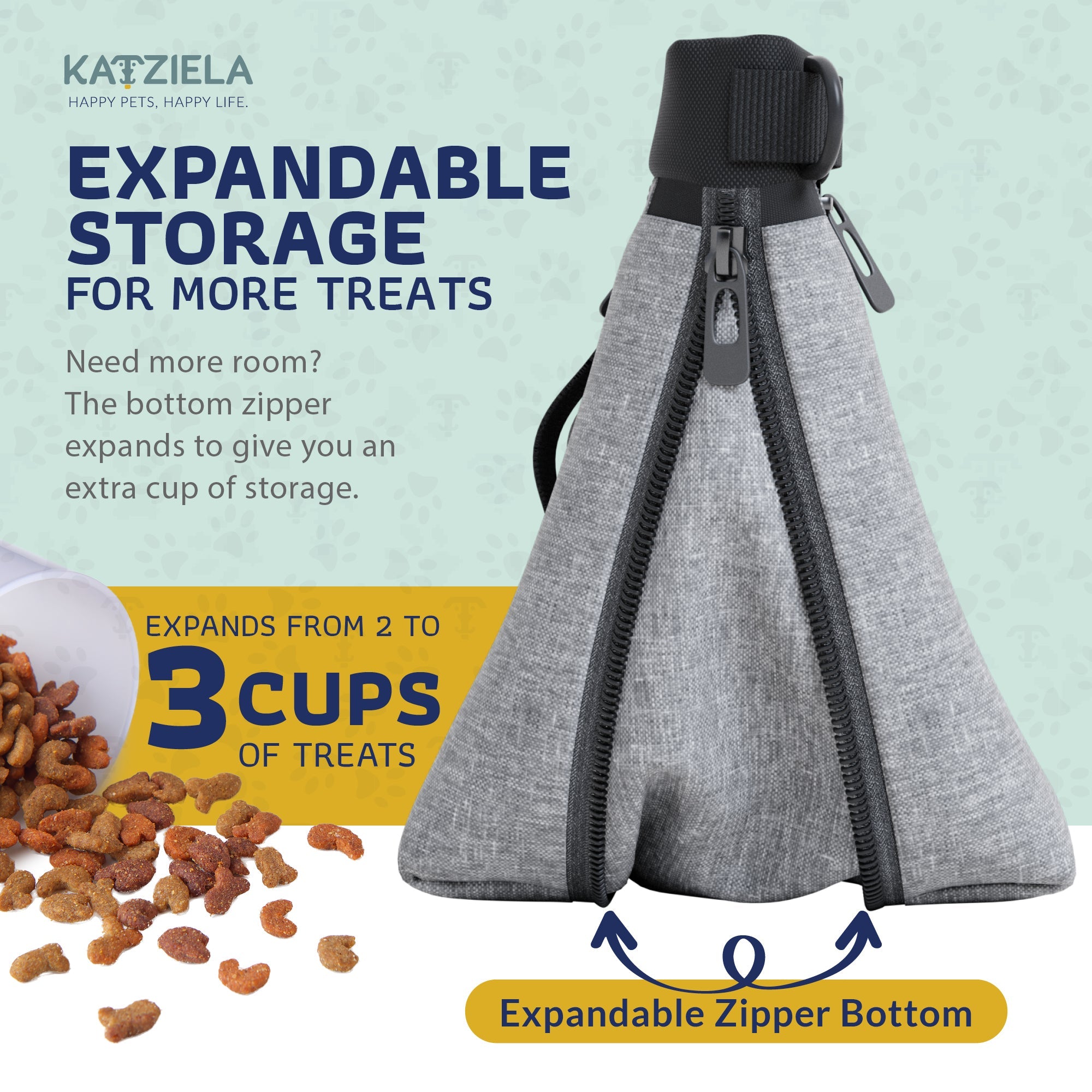Katziela Expandable Pet Treat Pouch - Hands Free Dog Treat Pouch, Quick Access Magnet Closure - Anti Spill Dog Treat Bag - Treat Pouches for Pet Training, Adjustable Shoulder Strap &amp; Belt Clip