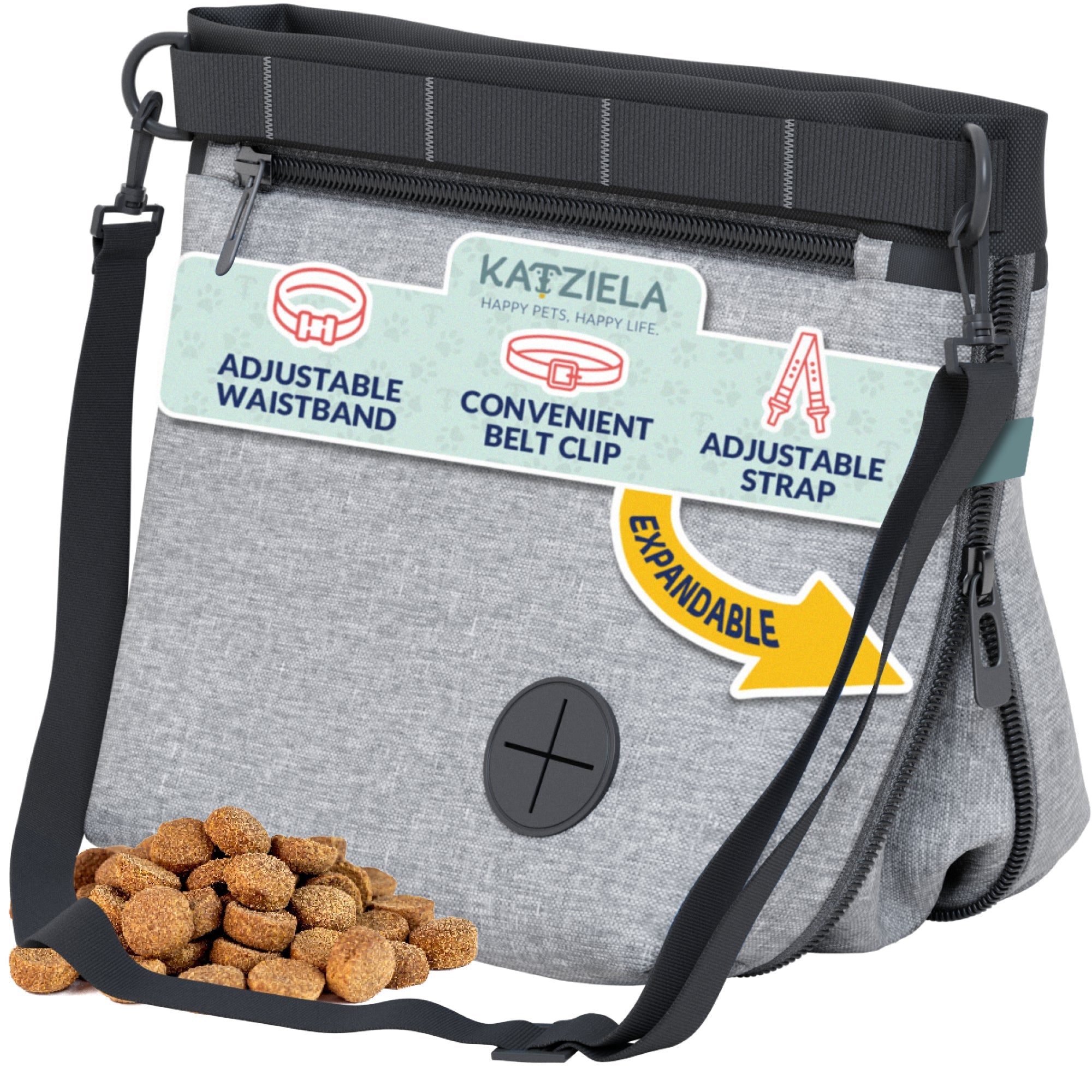 Katziela Expandable Pet Treat Pouch - Hands Free Dog Treat Pouch, Quick Access Magnet Closure - Anti Spill Dog Treat Bag - Treat Pouches for Pet Training, Adjustable Shoulder Strap &amp; Belt Clip