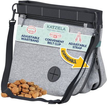 Katziela Expandable Pet Treat Pouch - Hands Free Dog Treat Pouch, Quick Access Magnet Closure - Anti Spill Dog Treat Bag - Treat Pouches for Pet Training, Adjustable Shoulder Strap &amp; Belt Clip