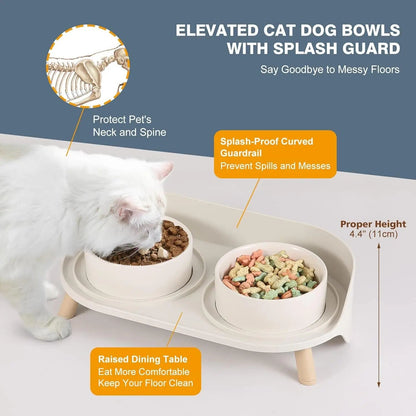 Elevated Ceramic Cat &amp; Dog Bowl Set with Splash Guard, Non-Slip Stand (2x480ml)