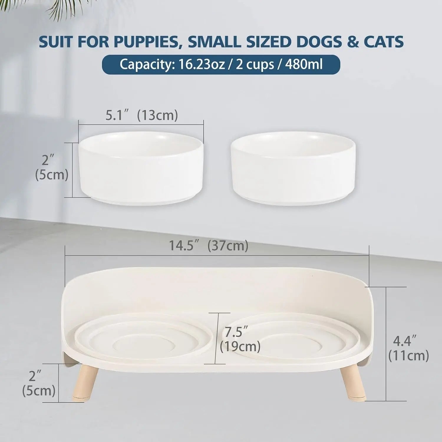 Elevated Ceramic Cat &amp; Dog Bowl Set with Splash Guard, Non-Slip Stand (2x480ml)