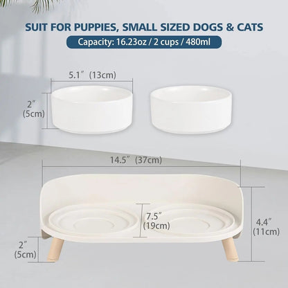 Elevated Ceramic Cat &amp; Dog Bowl Set with Splash Guard, Non-Slip Stand (2x480ml)