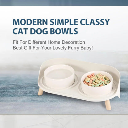 Elevated Ceramic Cat &amp; Dog Bowl Set with Splash Guard, Non-Slip Stand (2x480ml)