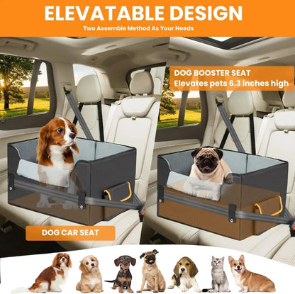 Elevated Dog Car Seat Booster Bed for Small Dogs &amp; Cats – Travel Carrier Seat
