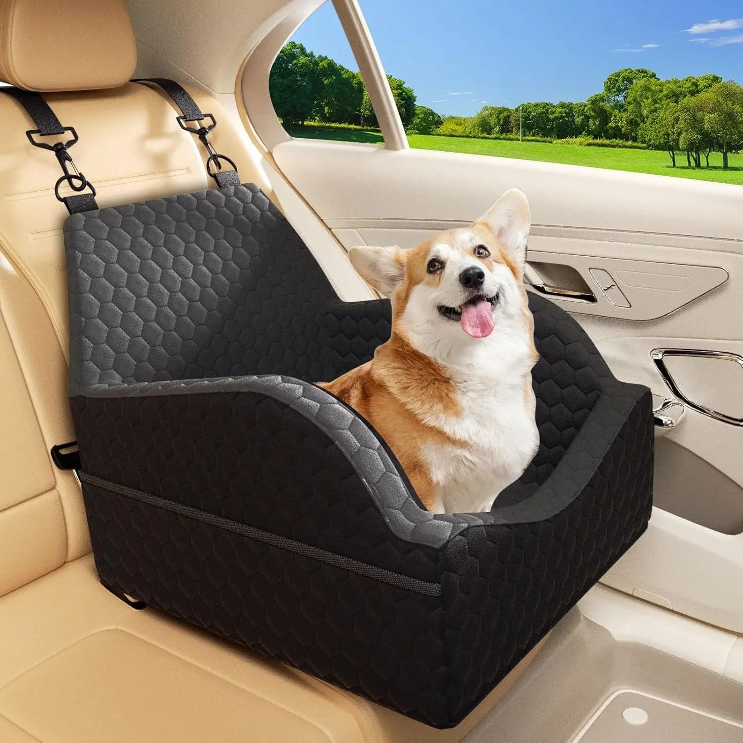 Elevated Dog Car Seat Booster Bed for Small Dogs &amp; Cats – Travel Carrier Seat