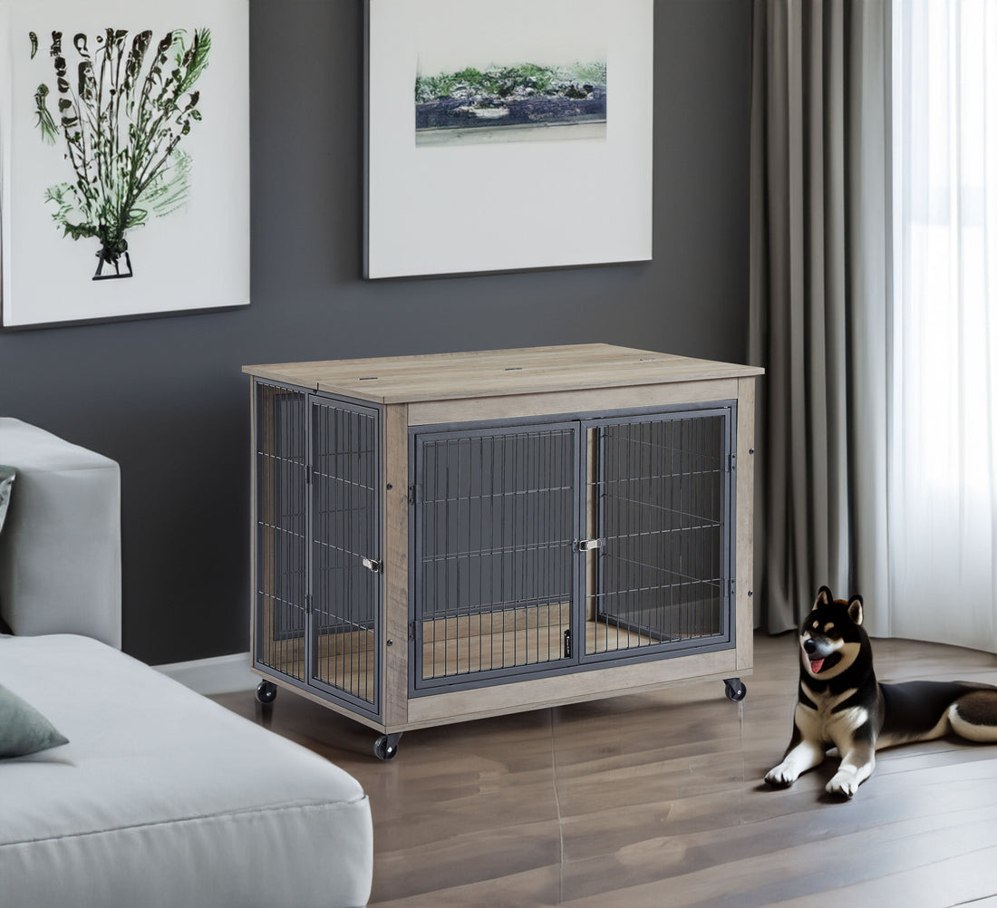 Furniture Style Dog Crate Side Table on Wheels with Double Doors and Lift Top.Grey,38.58&