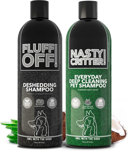 Fluff Off &amp; Nasty Critter Dog Shampoo Set – Deshedding &amp; Deep Clean 16 oz Each