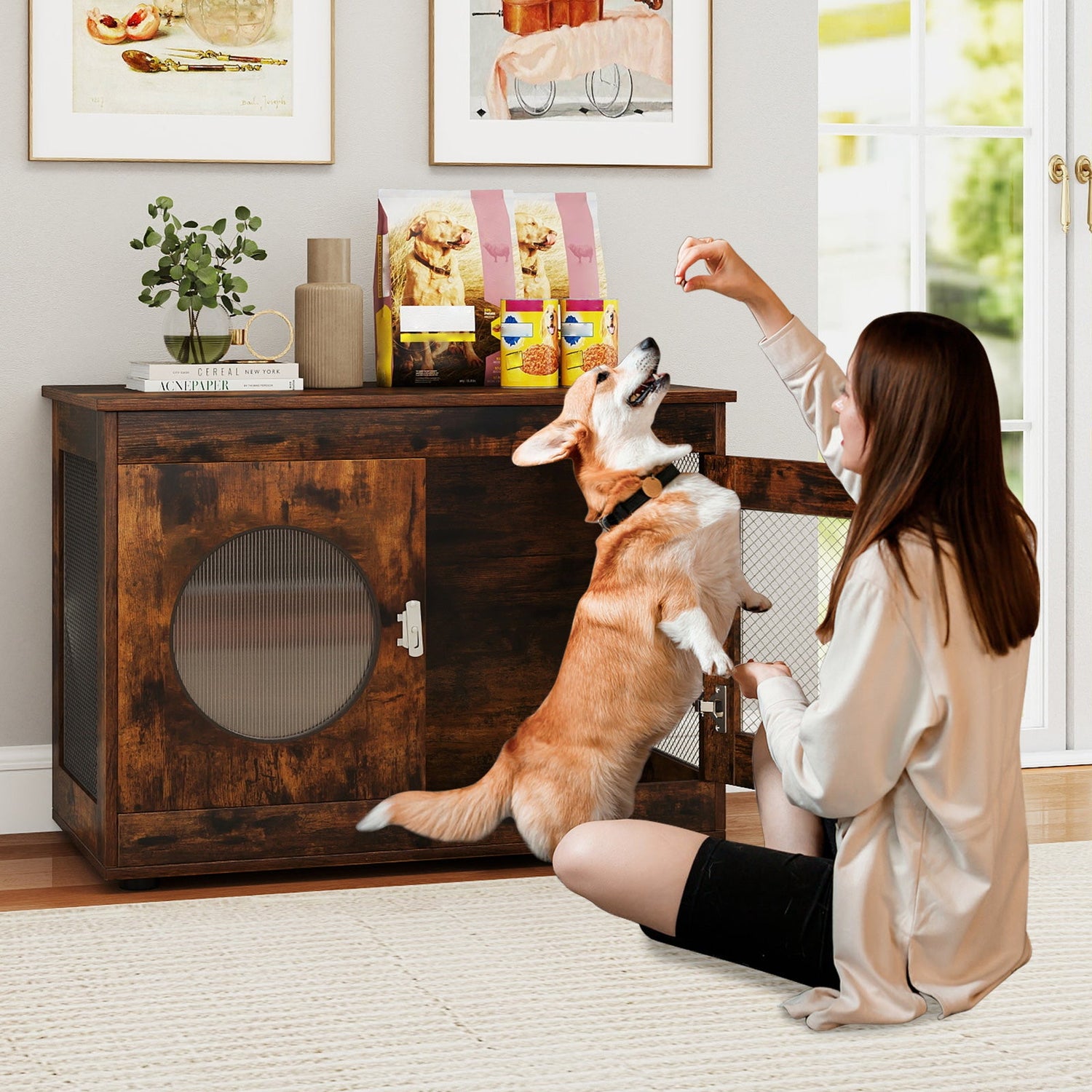 Furniture Style Dog Crate for Small and Medium Dogs with Translucent Window and Lockable Door-Rustic Brown