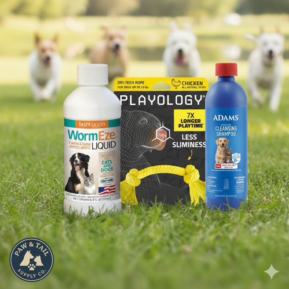 Dog Deworming &amp; Flea Care Bundle WormEze 8oz + Adams Flea &amp; Tick Shampoo 12oz + Chicken Rope Toy – Wholesale Bundle!