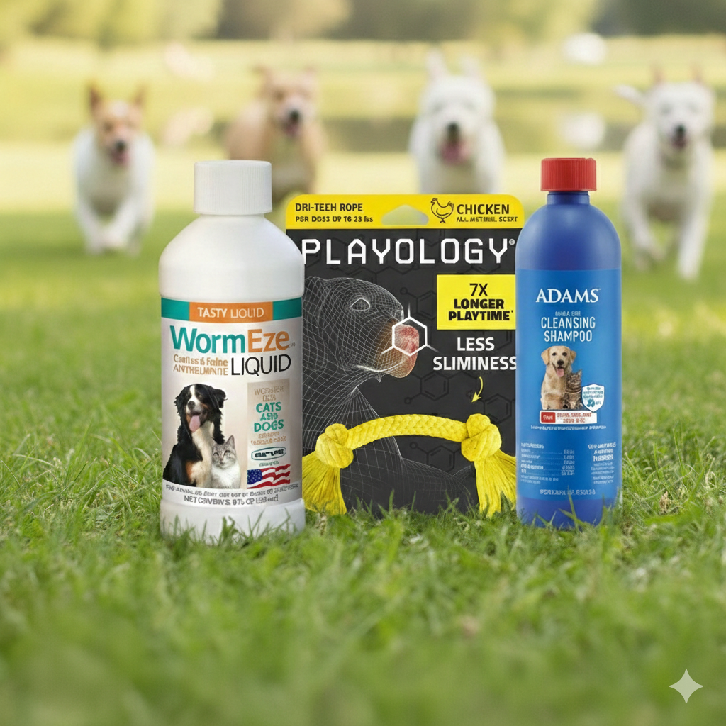 Dog Deworming &amp; Flea Care Bundle WormEze 8oz + Adams Flea &amp; Tick Shampoo 12oz + Chicken Rope Toy – Wholesale Bundle!