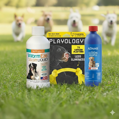 Dog Deworming &amp; Flea Care Bundle WormEze 8oz + Adams Flea &amp; Tick Shampoo 12oz + Chicken Rope Toy – Wholesale Bundle!