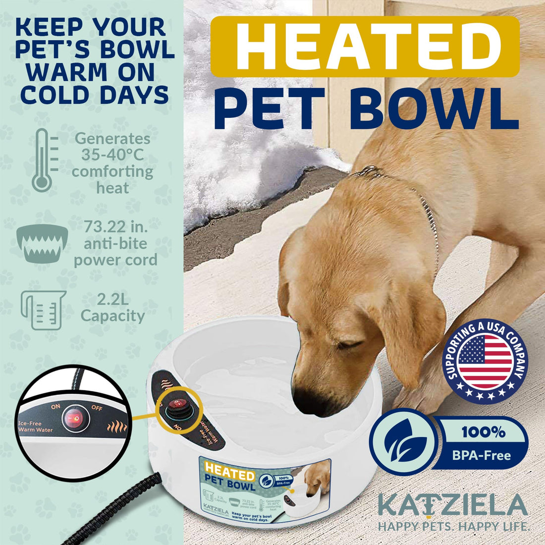 Katziela 2 Liter Heated Pet Water Bowl With Anti-Bite Cord To Keep Your Pet&