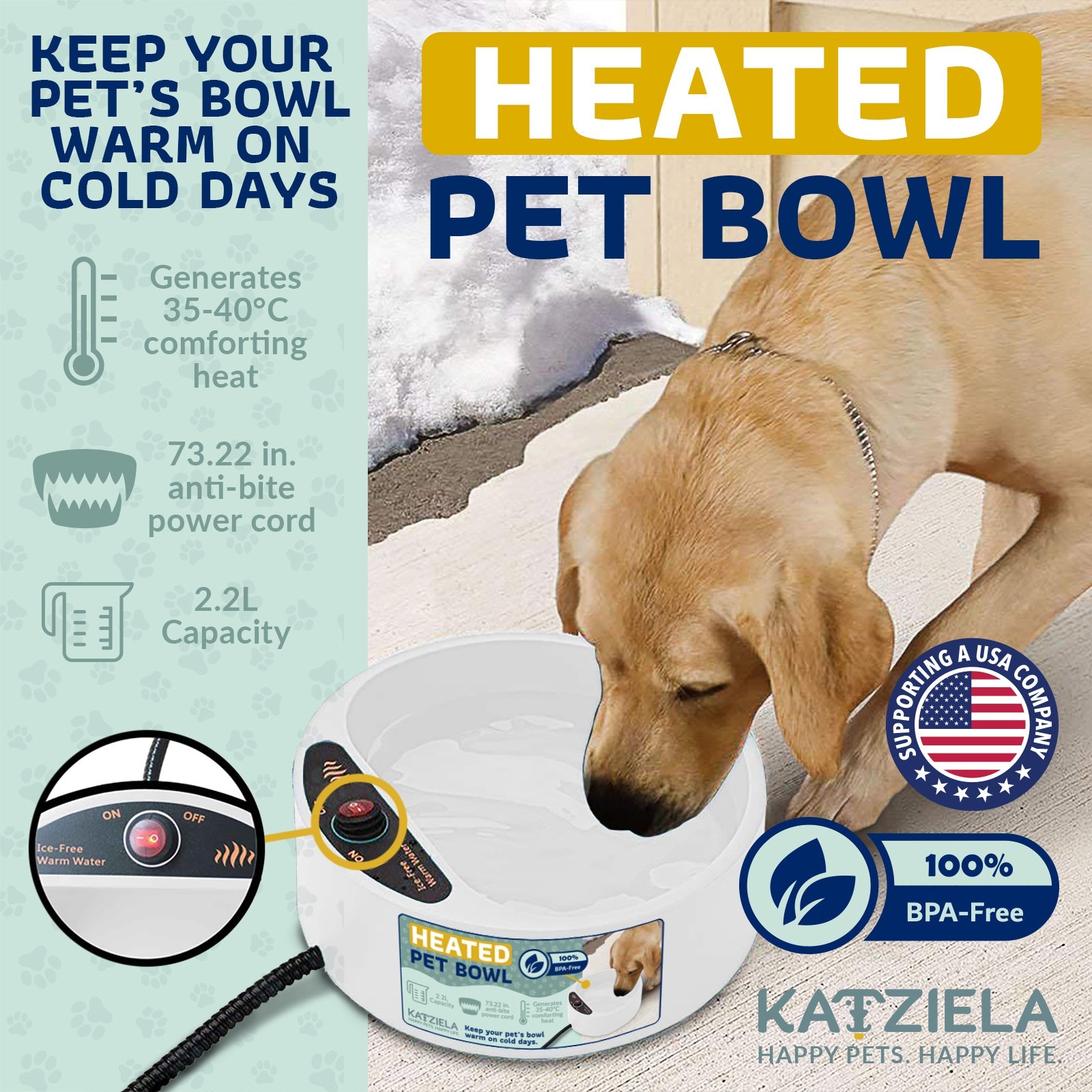 Katziela 2 Liter Heated Pet Water Bowl With Anti-Bite Cord To Keep Your Pet&