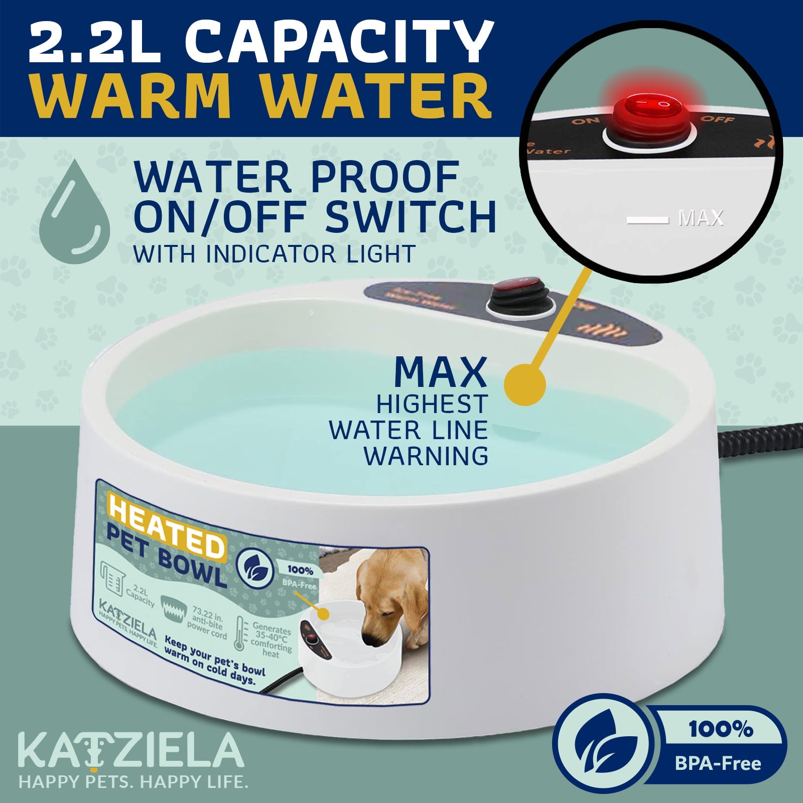 Katziela 2 Liter Heated Pet Water Bowl With Anti-Bite Cord To Keep Your Pet&