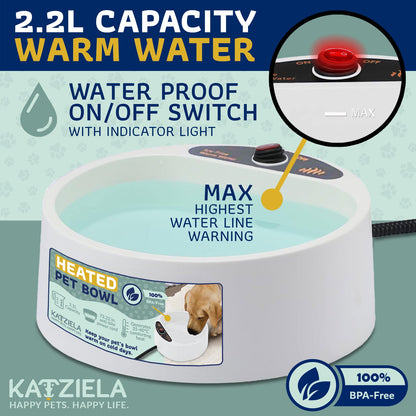 Katziela 2 Liter Heated Pet Water Bowl With Anti-Bite Cord To Keep Your Pet&