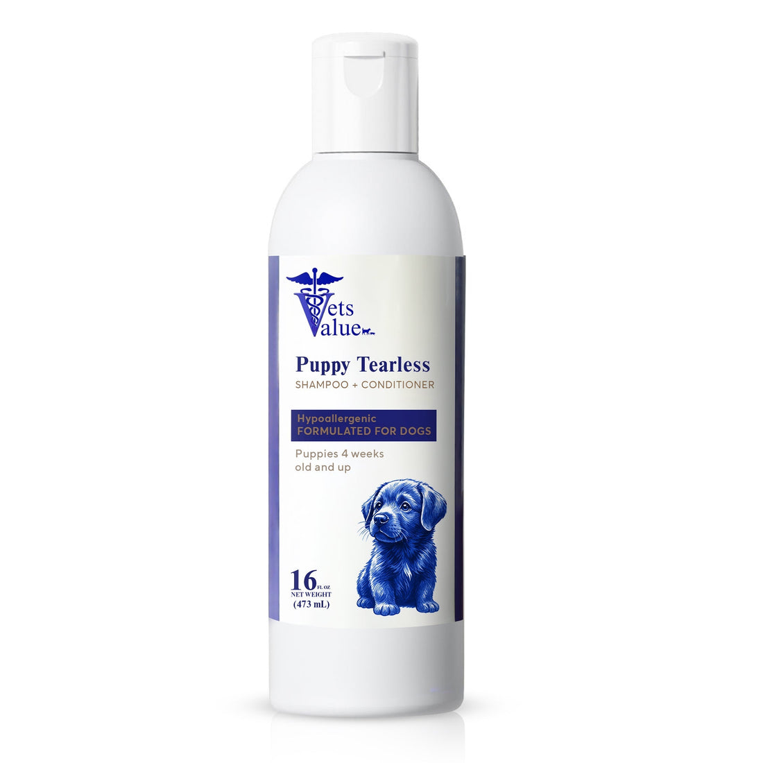 Vets Value Puppy Tearless Shampoo + Conditioner 16oz - Hypoallergenic Dog Wash for Puppies 4 Weeks &amp; Up Gentle Formula Soothes Sensitive Skin, Softens Coat, Nourishing, Healthy Grooming - pH Balanced