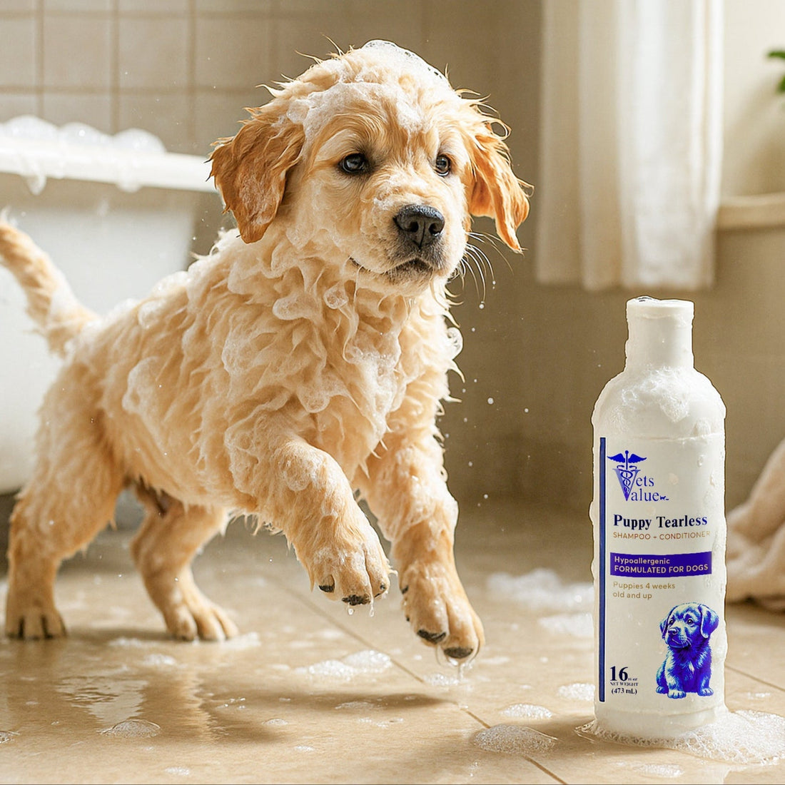 Vets Value Puppy Tearless Shampoo + Conditioner 16oz - Hypoallergenic Dog Wash for Puppies 4 Weeks &amp; Up Gentle Formula Soothes Sensitive Skin, Softens Coat, Nourishing, Healthy Grooming - pH Balanced