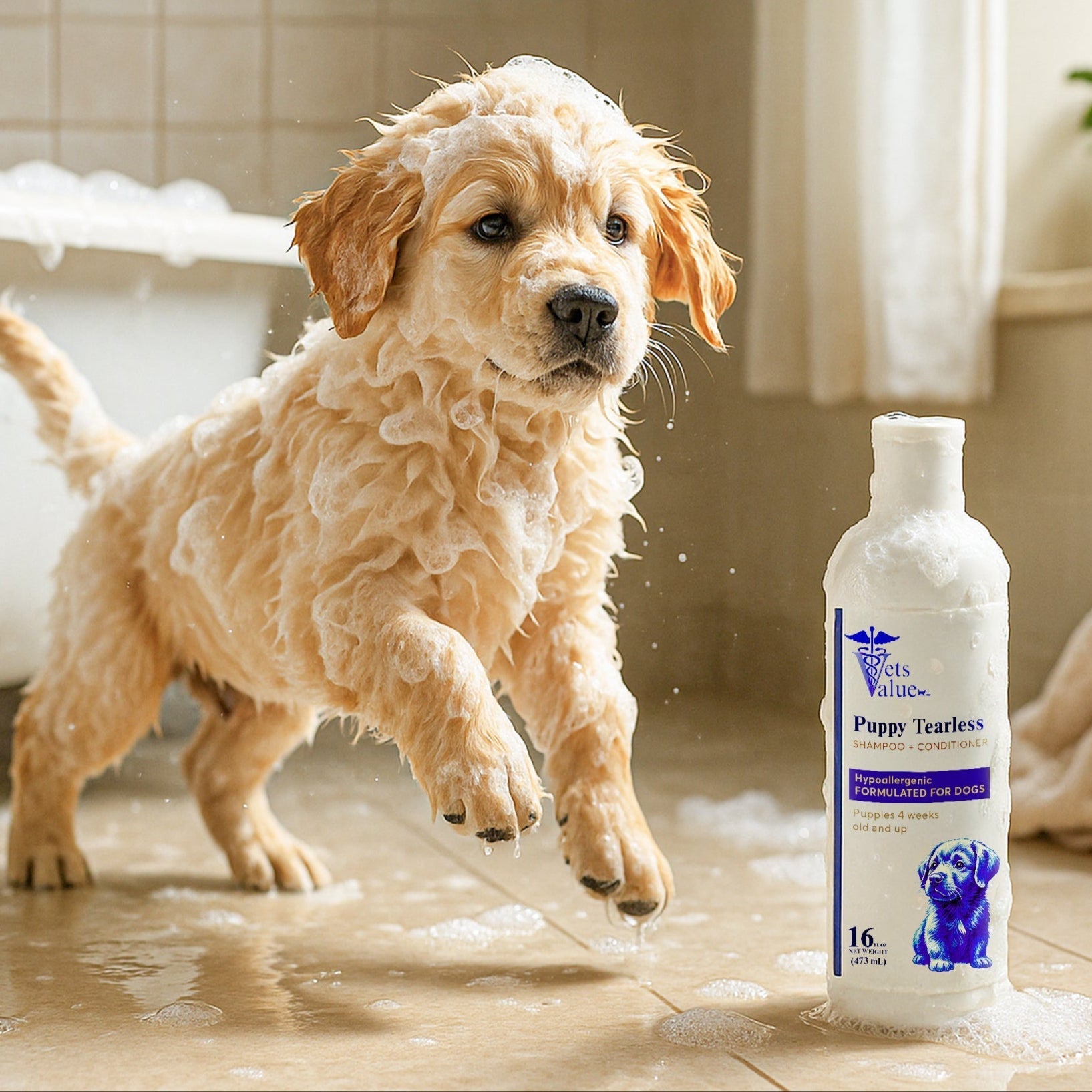 Vets Value Puppy Tearless Shampoo + Conditioner 16oz - Hypoallergenic Dog Wash for Puppies 4 Weeks &amp; Up Gentle Formula Soothes Sensitive Skin, Softens Coat, Nourishing, Healthy Grooming - pH Balanced