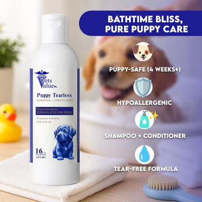 Vets Value Puppy Tearless Shampoo + Conditioner 16oz - Hypoallergenic Dog Wash for Puppies 4 Weeks &amp; Up Gentle Formula Soothes Sensitive Skin, Softens Coat, Nourishing, Healthy Grooming - pH Balanced