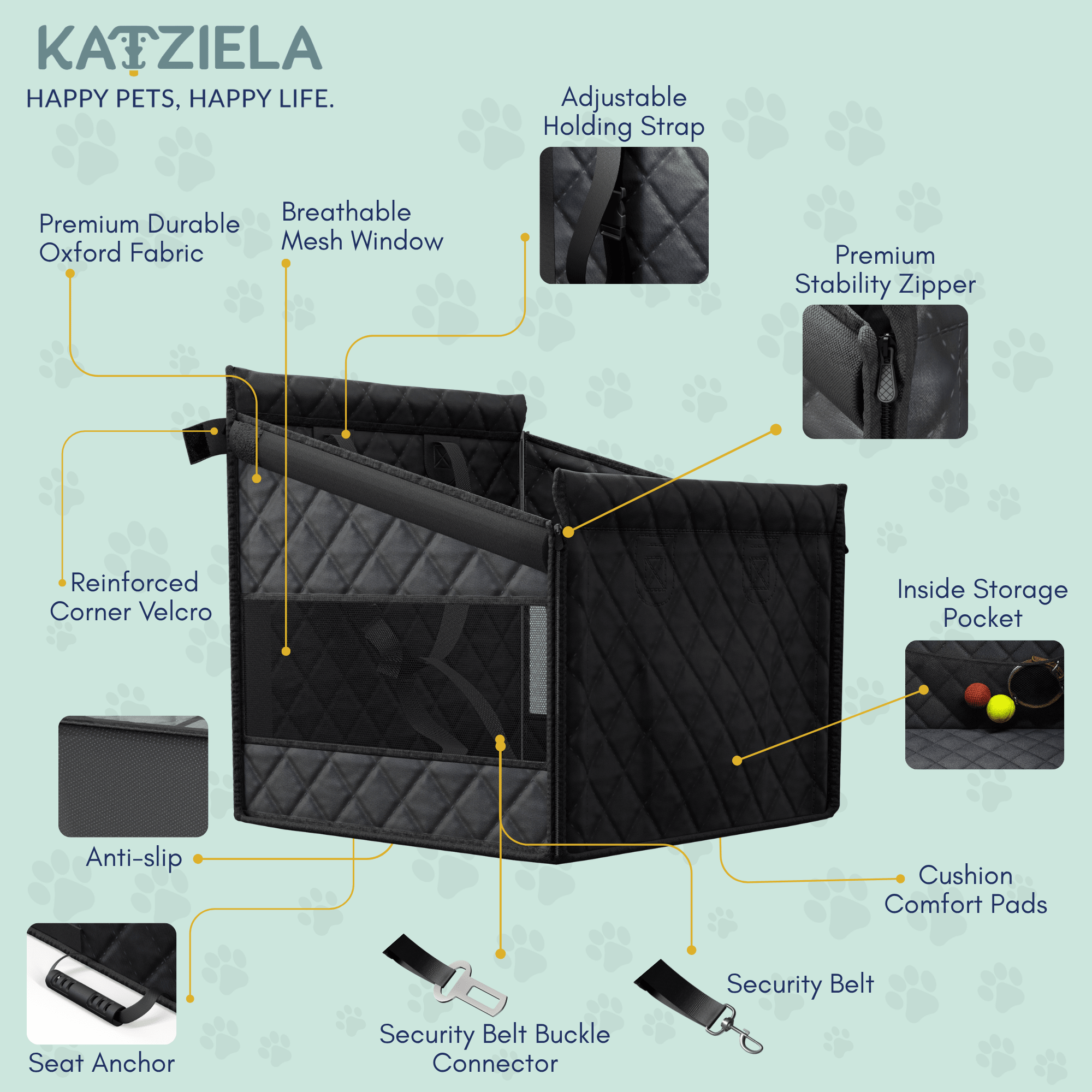 Katziela Dog Back Seat Cover Waterproof Quilted 600D Oxford Fabric, Heavy-Duty Non-Slip Bench Protector for Cars, SUVS &amp; TRUCKS – SINGLE Size, Leaves Space for Passengers.