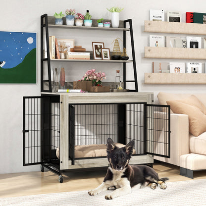 Industrial Dog Kennel Dog Crate Furniture with Storage Shelves-Gray