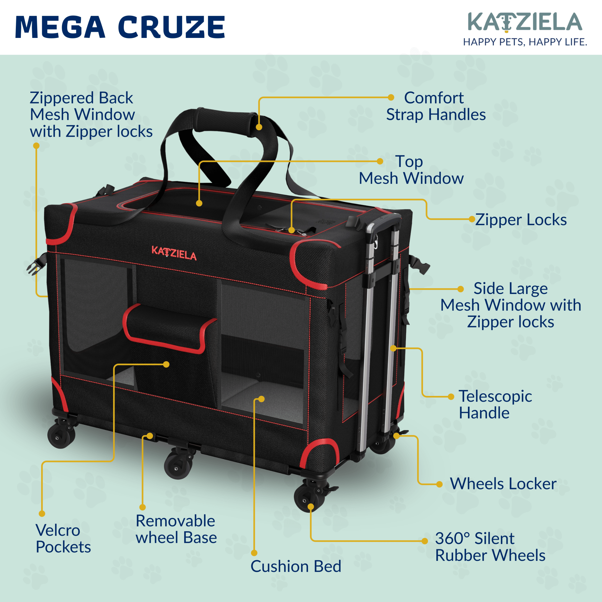 Katziela Mega Cruze Rolling Pet Carrier – Stress - Free Travel for Medium &amp; Large Dogs 25”x17”x20”