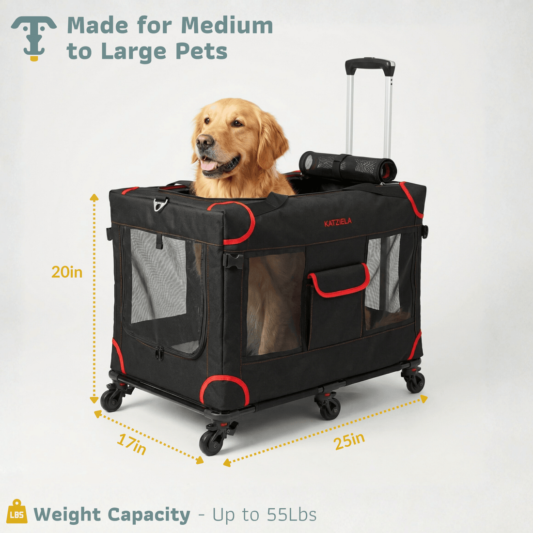 Katziela Mega Cruze Rolling Pet Carrier – Stress - Free Travel for Medium &amp; Large Dogs 25”x17”x20”