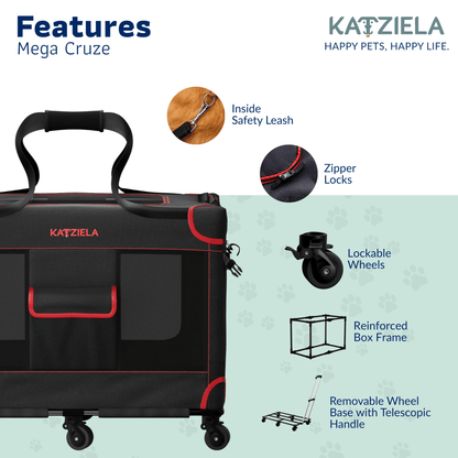 Katziela Mega Cruze Rolling Pet Carrier – Stress - Free Travel for Medium &amp; Large Dogs 25”x17”x20”