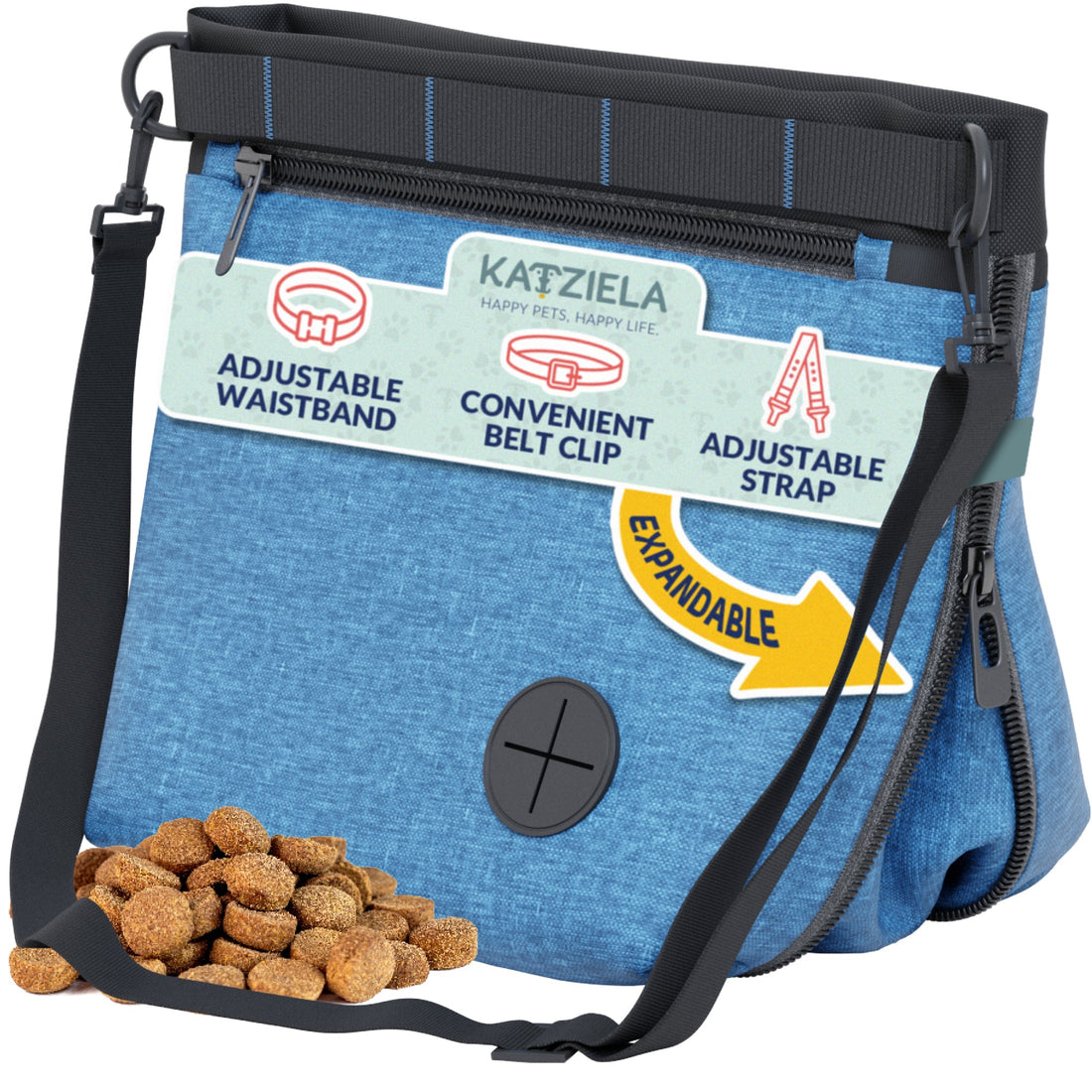 Katziela Expandable Pet Treat Pouch - Hands Free Dog Treat Pouch, Quick Access Magnet Closure - Anti Spill Dog Treat Bag - Treat Pouches for Pet Training, Adjustable Shoulder Strap &amp; Belt Clip